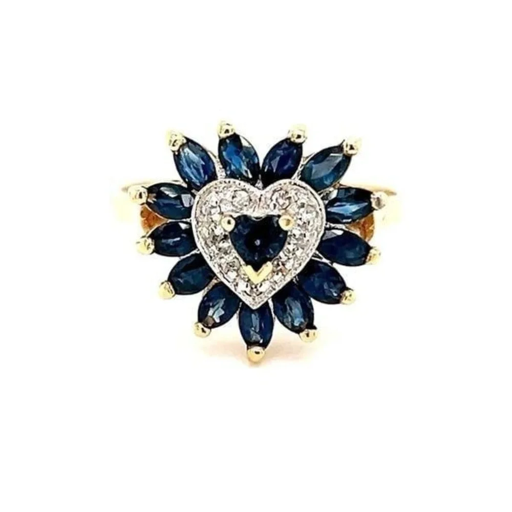 Gorgeous 14K‎ Gold Diamonds & Sapphires Heart Ring